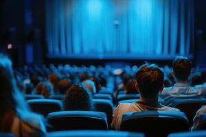 An audience sits in a darkened theater, captivated by a performance on stage, with soft blue lighting highlighting their silhouettes. photo