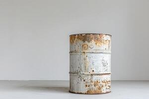 An isolated, weathered oil drum with a unique logo stands against a minimalist backdrop, highlighting its rustic charm. photo