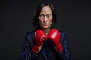 An isolated woman exudes strength and determination, wearing a dark suit and red boxing gloves, poised for a powerful challenge. photo