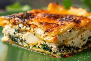 An enticing slice of vegetarian lasagna sits on a green plate, showcasing layers of cheese, spinach, and pasta, inviting a delicious culinary experience. photo