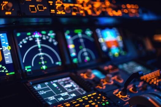 An illuminated cockpit bathed in soft hues, showcasing intricate controls and instruments in serene isolation. photo