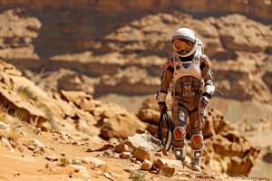 An astronaut explores a vast, rusty desert terrain while holding a leash, showcasing a unique blend of exploration and companionship amidst a surreal landscape. photo
