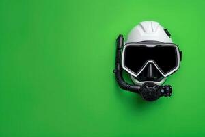 An isolated, high-tech diving helmet designed for underwater exploration rests against a vivid green backdrop, showcasing its advanced features and sleek design. photo