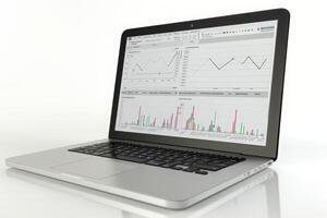 An isolated laptop showcases dynamic graphs and analytics related to affiliate marketing performance. photo