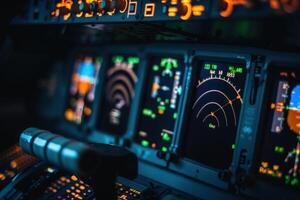 Vibrant displays and controls glow softly, creating a mesmerizing atmosphere in the isolated airplane cockpit. photo