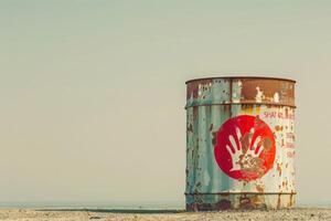 An isolated oil drum, weathered and rusty, displays a unique hand logo under a serene sky at dusk, evoking a sense of solitude. photo