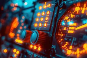 A captivating airplane cockpit comes alive with glowing instruments, showcasing a blend of vibrant colors in the dark, creating a futuristic atmosphere. photo