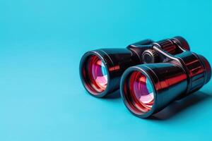 A striking pair of red binoculars sits against a vibrant turquoise backdrop, ready for lifeguards to scan the coastline. photo