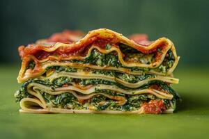 A delicious slice of vegetarian lasagna reveals layers of vibrant spinach, creamy cheese, and rich tomato sauce, showcasing a colorful culinary delight. photo
