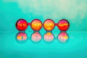 An isolated pair of bright red binoculars rests on a reflective surface, capturing vibrant colors and sunlight, evoking a sense of summer adventure. photo