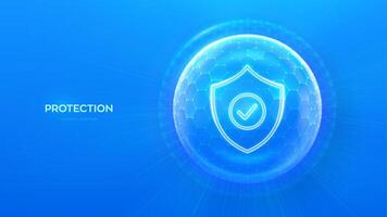 Protection. Healthcare. Insurance. Cyber security. Network safety. Protection shield with Check mark icon inside transparent sphere shield with hexagon pattern on blue background. illustration. vector
