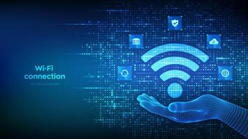 Wi-Fi network icon. Wi Fi sign made with binary code in hand. Wlan access, wireless hotspot signal. Mobile connection zone. Data transfer icons connections. Mobile transmission. illustration. vector