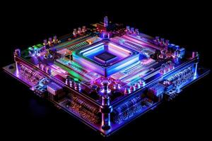 An intricate AI chip illuminates the darkness with vibrant colors, showcasing advanced technology and design in an ethereal glow. photo