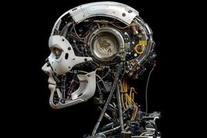 An isolated robotic head showcases intricate circuitry and mechanical elements, merging art and technology in a captivating display. photo