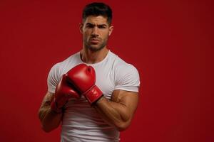 A determined salesman stands confidently with boxing gloves on, poised and ready for a challenge against a vibrant red backdrop. photo