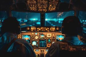 Two pilots navigate an isolated cockpit filled with glowing instruments, readying for a night takeoff as the runway lights beckon. photo
