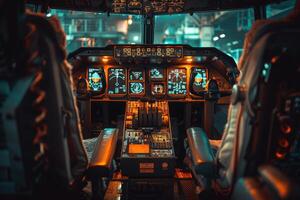 An intricate cockpit glows softly with various lights, showcasing advanced controls and instruments in a tranquil setting. photo