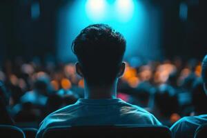A captivated audience sits quietly in a dim theater, illuminated by soft blue lights, fully engaged in the unfolding performance. photo