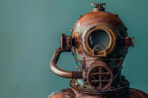 A meticulously crafted diving helmet showcases its intricate design and textures, set against a rich teal backdrop, evoking a sense of exploration and adventure beneath the waves. photo