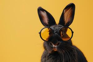 An isolated rabbit exudes charm and style, sporting oversized sunglasses that catch the light, set against a vibrant yellow backdrop. photo