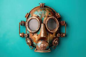 An intricately designed diving helmet showcases vintage craftsmanship, resting on a bold teal backdrop, evoking exploration and adventure beneath the sea. photo