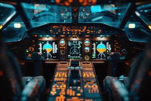 A futuristic cockpit glows with vibrant displays, showcasing an array of instruments and controls under a sleek design. photo