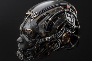 A detailed, isolated robot head showcases intricate mechanical components, blending technology with artistry against a dark backdrop. photo