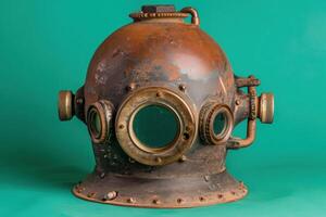 A unique high-tech diving helmet showcases intricate design and weathered metal textures, set against a striking green background. photo