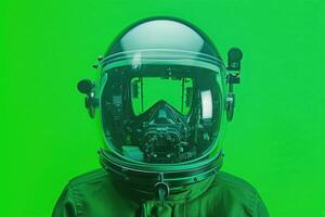 A futuristic diving helmet rests against a striking green backdrop, showcasing advanced technology and design. photo