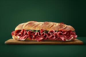 A close-up view of a delicious Jamon Serrano sandwich, showcasing layers of cured meat and fresh ingredients, resting on a wooden board. photo