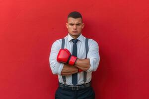 An isolated salesman stands confidently against a bold red wall, wearing boxing gloves and a sharp suit, ready to tackle the challenges of the day. photo