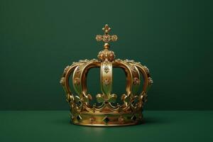 A stunning golden crown, lavishly adorned with intricate details, rests elegantly on a vibrant green surface, exuding royal charm and artistry. photo