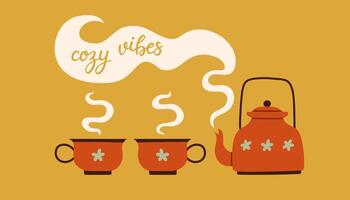 Autumn hand drawn lettering cozy vibes banner. Tea kettle, cups and handwritten slogan. Phrase with cozy design elements vector