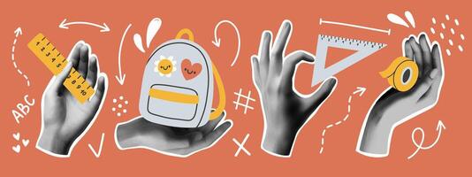Back to school collage hands set. Trendy pieces. Gesture signs. Modern forms for card, print on cloth. Halftone hands. vector