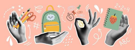 Back to school collage hands set. Trendy gesture signs. Modern forms for card, print on cloth. Halftone hands. vector