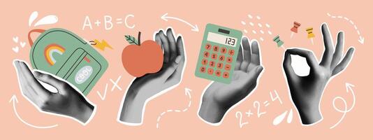 Back to school collage hands set. Trendy pieces. Gesture signs. Modern forms for card, print on cloth. Halftone hands. vector