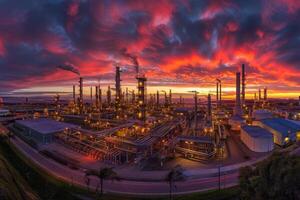 An aerial view of a sprawling oil refinery at sunset, showcasing its vast infrastructure and the vibrant red sky. photo
