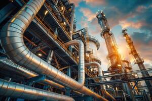 A panoramic view of an oil refinery at sunset, showcasing towering structures and intricate pipelines against a dramatic sky. photo