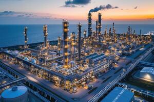 A vast oil refinery complex glows with activity as the sun sets over the horizon, casting a warm light over the intricate network of pipes, tanks, and towers. photo
