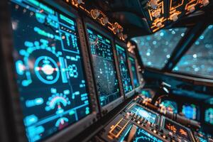 A futuristic airplane cockpit with multiple screens displaying flight data and a transparent canopy revealing a view of city lights at night. photo