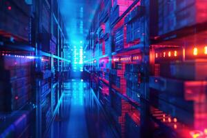 A brightly lit futuristic data center filled with rows of neatly stacked server racks. Blue and red neon lights illuminate the metallic landscape, casting long shadows. photo