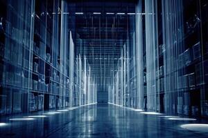 A futuristic warehouse with rows of shelves and a long, illuminated corridor. The room is lit by suspended light sources, creating a surreal and otherworldly atmosphere. photo