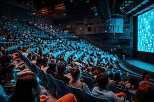 A captivated audience fills a modern theater, their attention fixed on a mesmerizing display on the screen. The atmosphere is electric with anticipation and wonder. photo