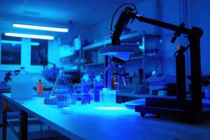 A futuristic laboratory bathed in blue light, showcasing advanced equipment and beakers filled with colorful liquids. The image evokes a sense of scientific exploration and technological advancement. photo