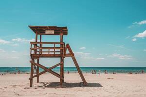 A wooden lifeguard tower stands on a sandy beach with blue sky and ocean in the background. People are enjoying the beach and the water. photo