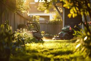 A lawnmower cuts through the vibrant green grass in a serene backyard, as the golden sunlight bathes the scene in warmth. photo