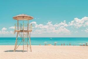 A lifeguard tower stands tall on a pristine white sand beach under a bright blue sky with fluffy clouds. The calm turquoise water stretches out to the horizon, with a few people enjoying the sunshine. photo