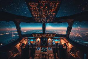 A view from the cockpit of an airplane, looking out over a sprawling city illuminated by countless lights, with a starry night sky above. photo