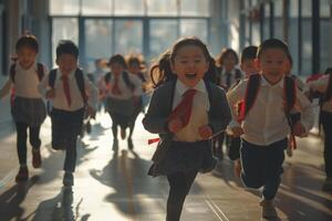 Uniformed students happily run down the hallway, backpacks bouncing, smiles and laughter in the air as they relish the freedom from class photo