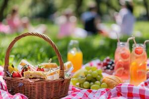 A picnic basket filled with sandwiches, fruit, and drinks sits on a red and white checkered blanket in a lush green park, while friends enjoy the sunny day. photo